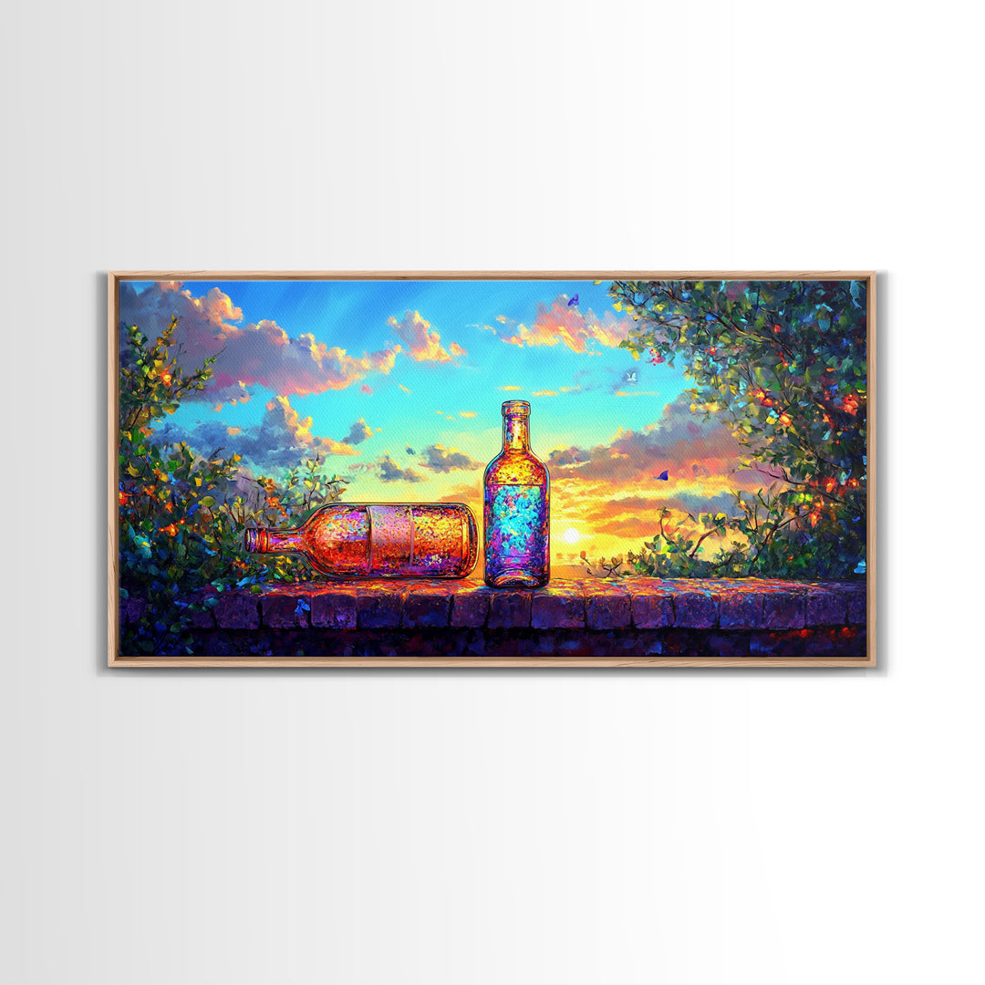 Sunset Garden Bottles On Stone Wall Framed Canvas Print, Colorful Wine Wall Art, Rustic Kitchen Decor, Housewarming Gift
