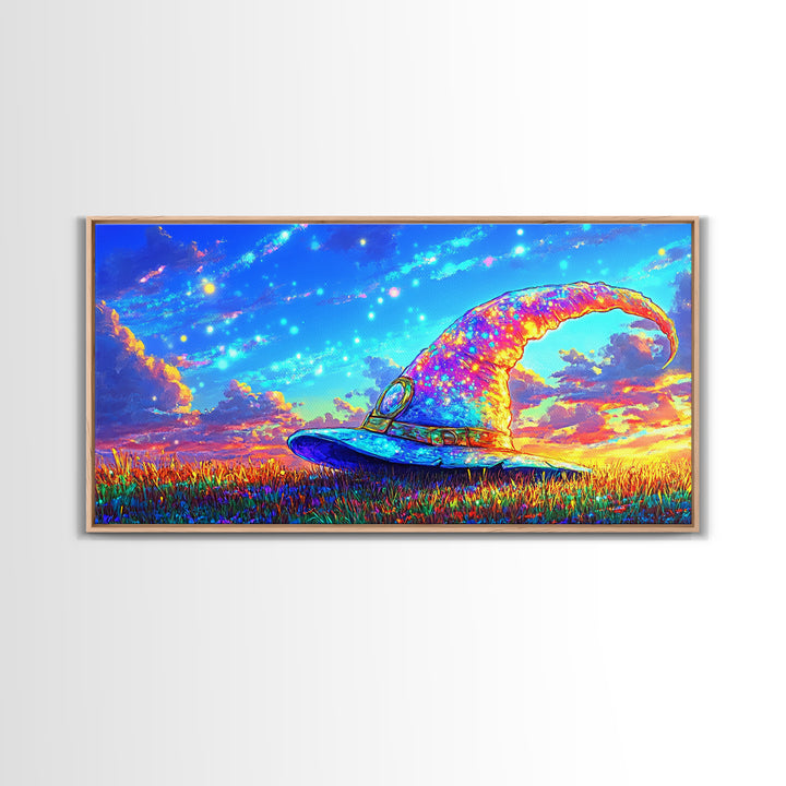 Sparkling Wizard Hat Under Starry Sky Magical Wall Art, Whimsical Fantasy Decor, Witchy Celestial Art Print, Gift For Her