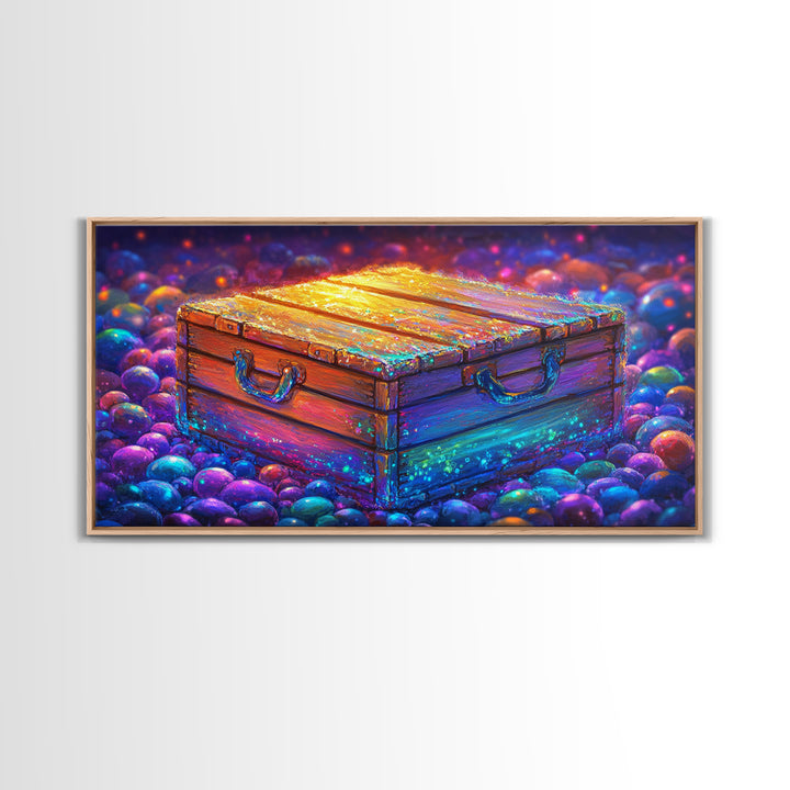 Glowing Wooden Treasure Chest Canvas Print, Whimsical Fantasy Wall Art, Colorful Rustic Home Decor, Unique Housewarming Gift