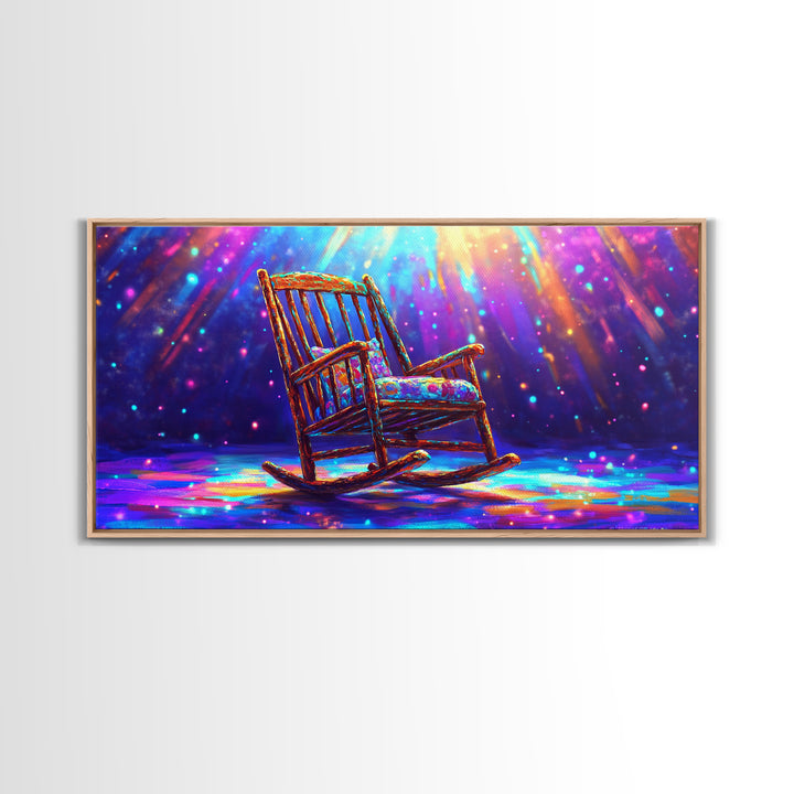 Rainbow Rocking Chair Under Spotlight Framed Canvas Print, Cozy Living Room Wall Art, Whimsical Home Decor, Housewarming Gift