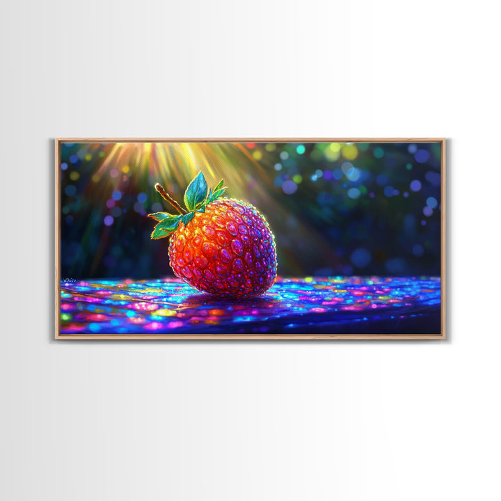 Glowing Strawberry Under Sunbeams Canvas Print, Colorful Fruit Wall Art, Whimsical Kitchen Decor And Food Lover Gift Idea