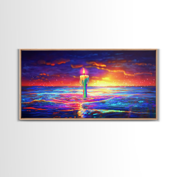 Tall Candle Burning Over Sunset Sea Wall Art, Colorful Seascape Canvas, Coastal Meditation Home Decor And Serene Ocean Print