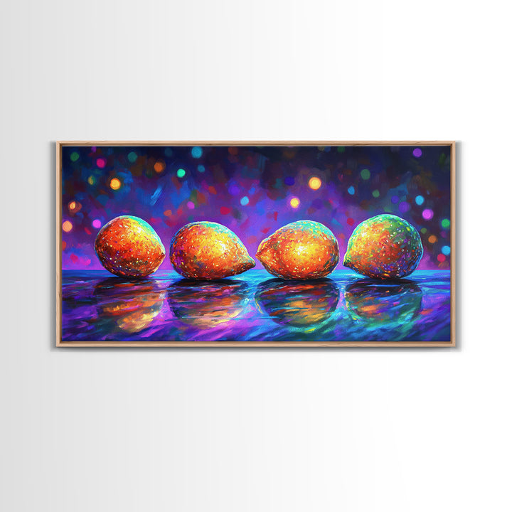 Four Bright Mangoes Wall Art, Colorful Fruit Still Life, Modern Kitchen Decor, Tropical Art Print, Vibrant Dining Room Canvas