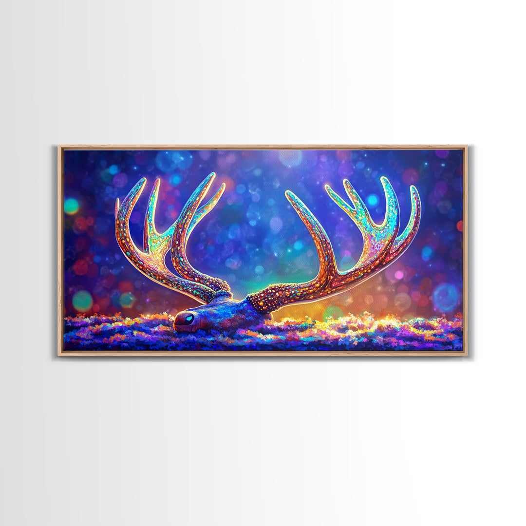 Glowing Deer Antlers Wall Art, Surreal Wildlife Print, Colorful Nature Decor, Rustic Cabin Gift, Whimsical Animal Canvas