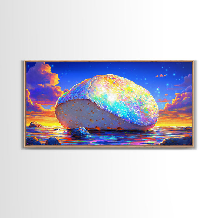 Glowing Rainbow Sea Stone At Sunset Wall Art, Colorful Coastal Canvas, Surreal Beach Decor, Ocean Landscape Living Room Print