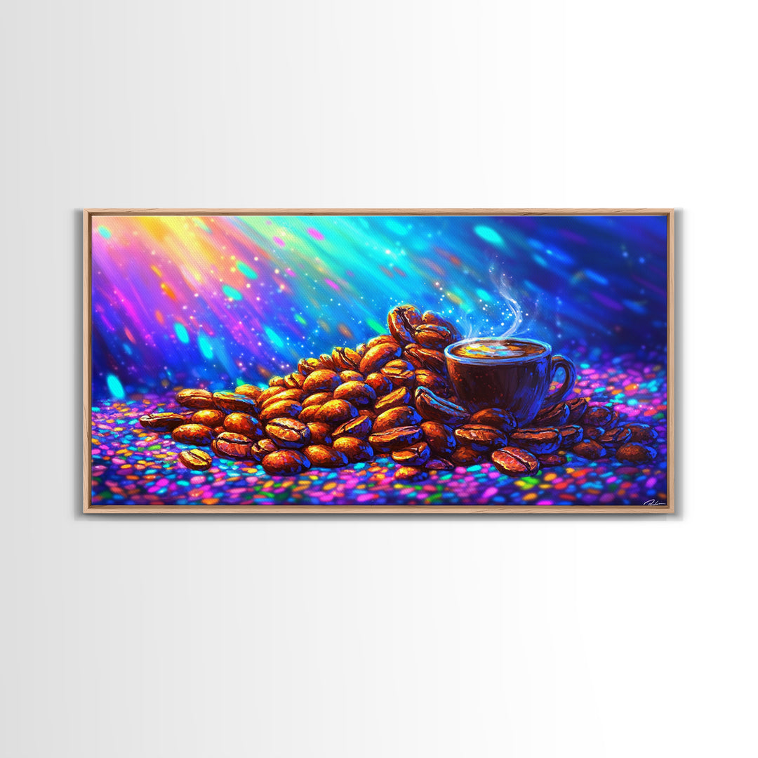 Steaming Coffee Cup With Roasted Beans Canvas Print, Coffee Bar Wall Art, Kitchen Decor, Cafe Poster Gift For Coffee Lover