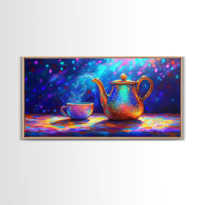 Iridescent Teapot And Teacup Still Life Canvas Print, Colorful Kitchen Wall Art, Tea Lover Gift, Modern Home Decor, Dining Room Print
