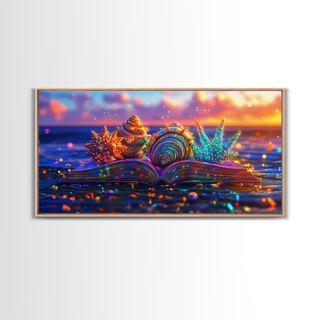 Glowing Seashells On Open Book Framed Canvas Print, Coastal Wall Art, Beach House Decor, Ocean Lover Gift For Her, Nautical Home Decor
