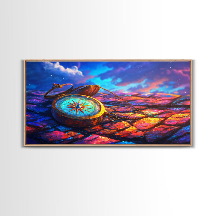 Antique Compass On Rainbow Cobblestones Canvas Print, Travel Wall Art, Wanderlust Decor, Nautical Office Decor Gift For Him