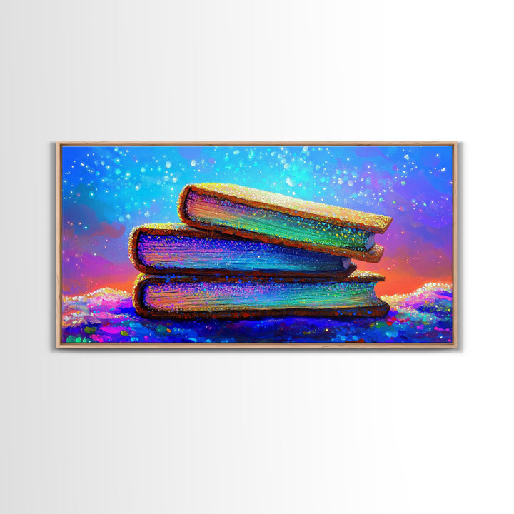 Stacked Rainbow Books Under Starry Sky Canvas Print, Book Lover Wall Art, Library Decor, Cozy Reading Nook Gift For Home Office Decor
