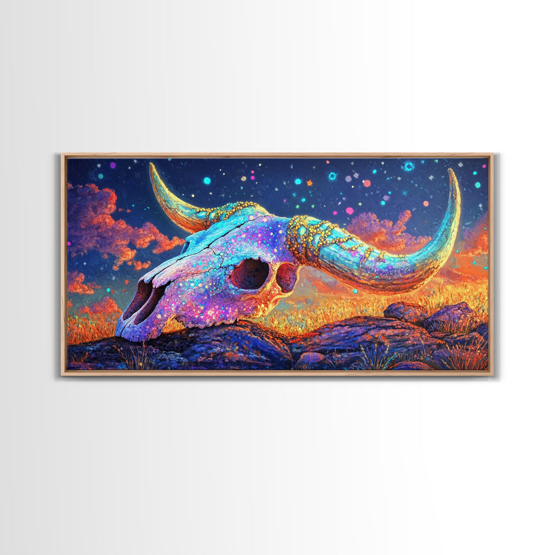 Iridescent Longhorn Skull Desert Sunset Wall Art, Western Decor, Cow Skull Canvas Print, Southwestern Home Decor Gift For Him