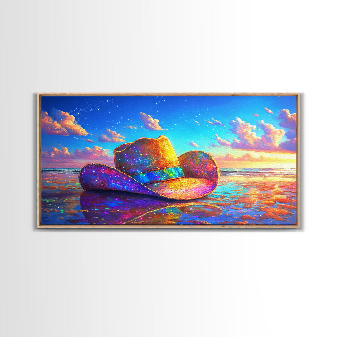 Sparkling Cowboy Hat On Sunset Beach Wall Art, Western Coastal Decor, Cowgirl Canvas Print, Beach House Gift For Her, Home Decor
