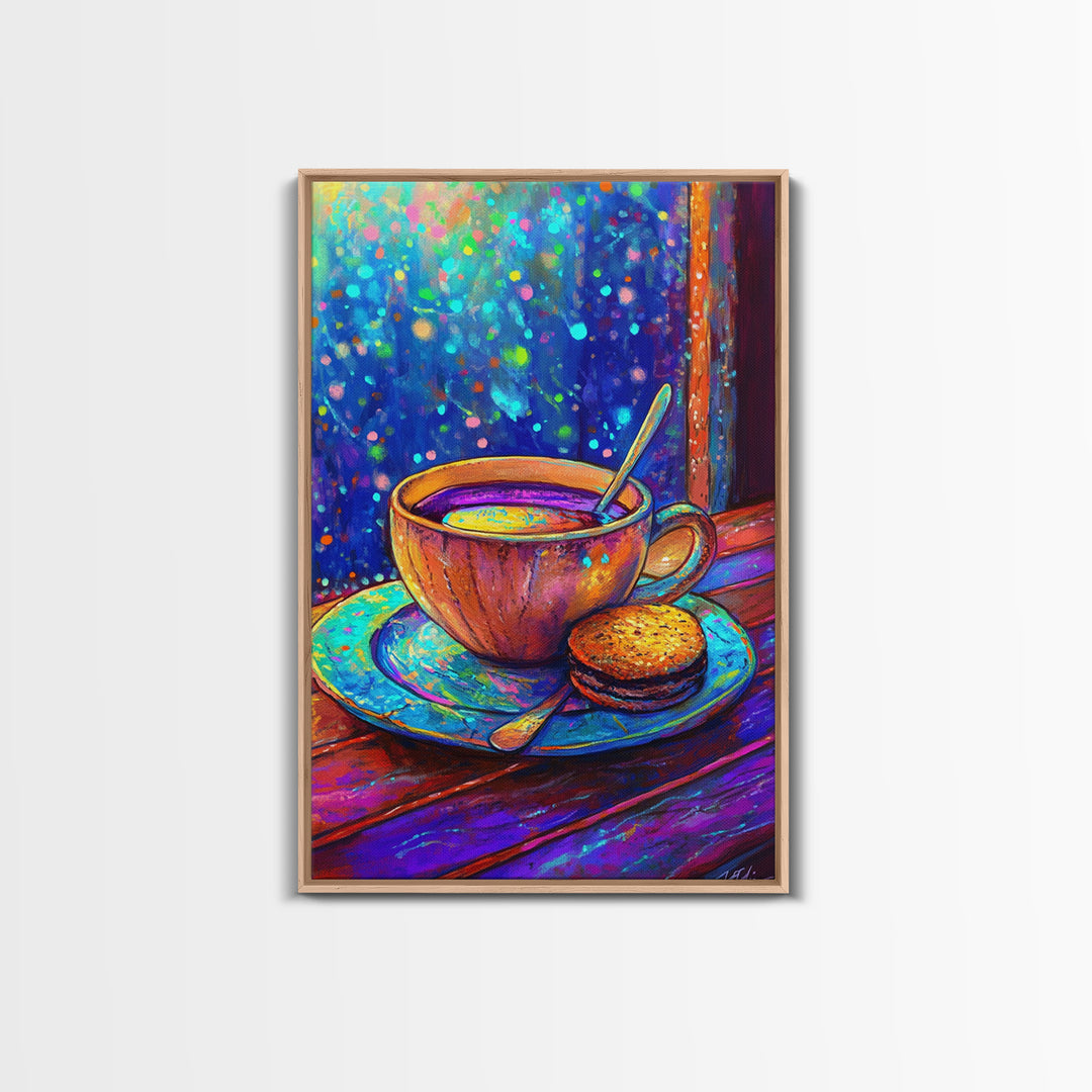 Cozy Tea Cup And Cookie Canvas Print, Coffee Shop Wall Art, Cafe Decor, Kitchen Wall Decor, Whimsical Foodie Gift For Dining Room Prints