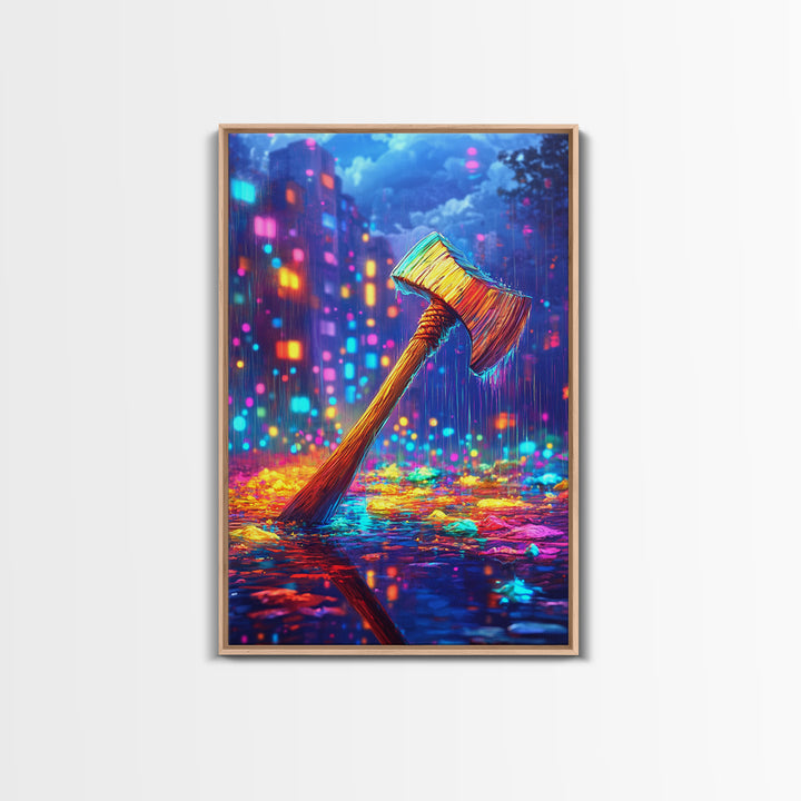 Neon Axe In Rainy City Framed Canvas Print, Cyberpunk Wall Art, Dystopian Decor, Gamer Room Art, Unique Gift For Him, Home Decor