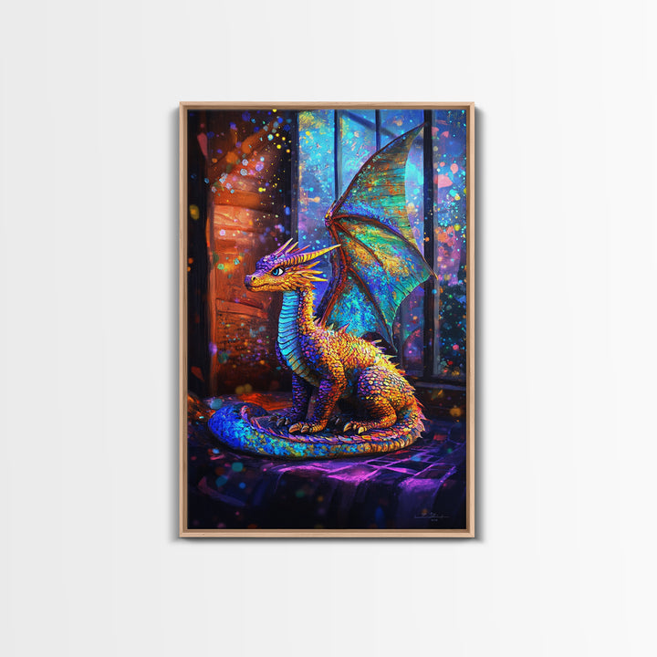 Iridescent Baby Dragon On Windowsill Wall Art, Fantasy Art, Whimsical Decor, Kids Room Art, Dragon Gift, Framed Canvas Print