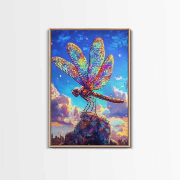 Stained Glass Dragonfly On Rock Canvas Print, Colorful Wildlife Art, Nature Wall Art, Whimsical Decor, Nature Lover Gift