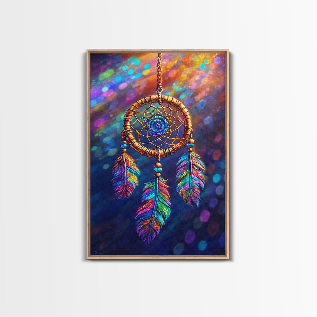 Rainbow Feather Dreamcatcher Wall Art, Boho Wall Decor, Spiritual Art, Celestial Decor, Whimsical Gift, Framed Canvas Print