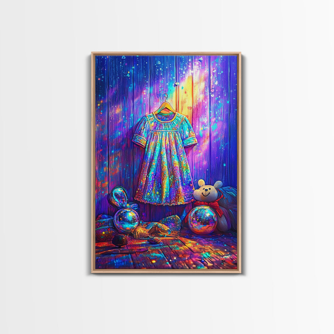 Sparkling Rainbow Toddler Dress With Toy Bear Wall Art, Colorful Nursery Decor, Girls Room Art, Whimsical Kids Room Print