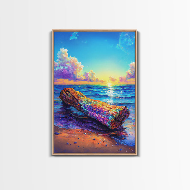 Rainbow Driftwood Log On Sunny Ocean Beach Canvas Print, Coastal Wall Art, Seascape Decor, Beach House Art, Large Wall Decor