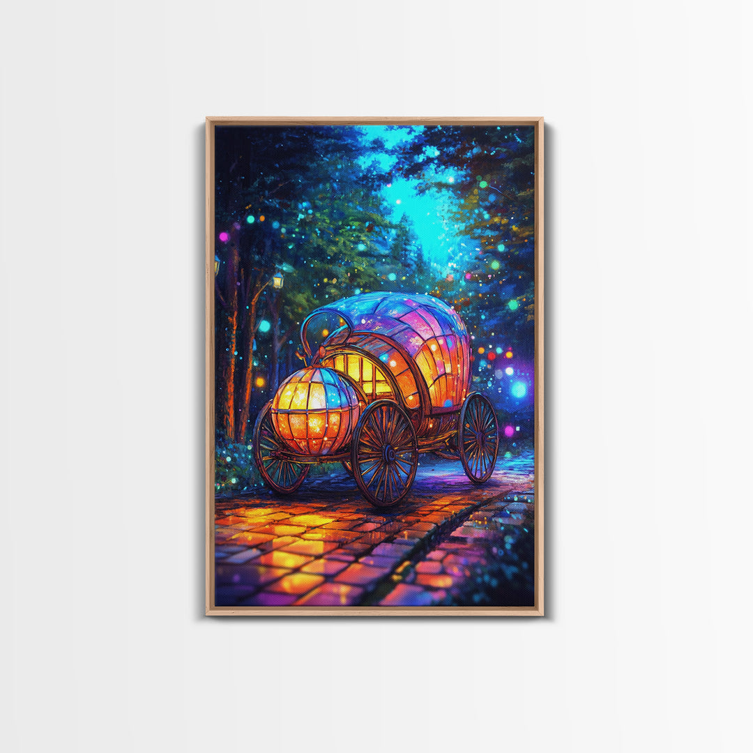 Glowing Pumpkin Carriage In Forest Canvas Print, Fairytale Wall Decor, Whimsical Nursery Art, Fantasy Room Decor Gift For Girls Room