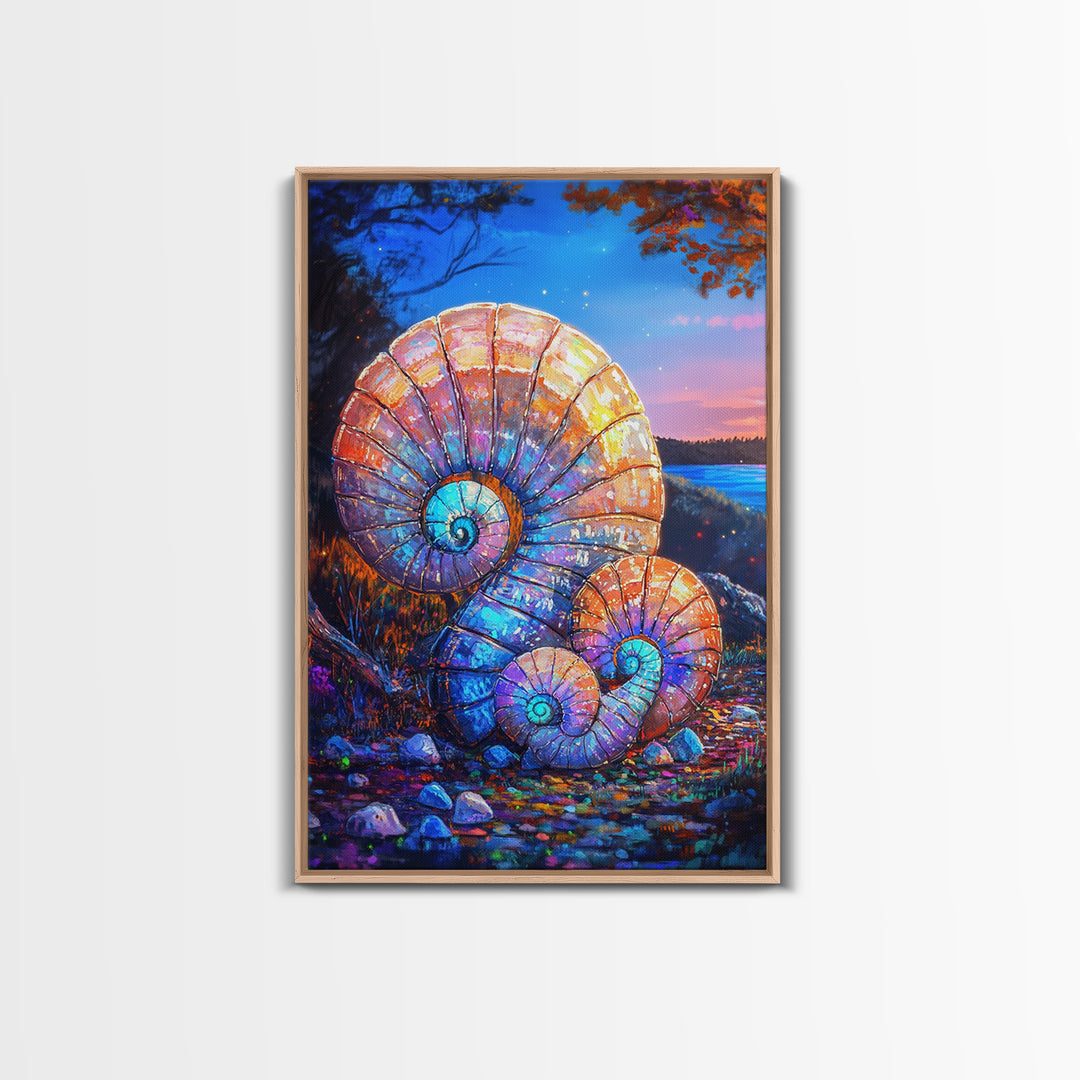 Glowing Nautilus Shells By Twilight Lake Framed Canvas Print, Coastal Wall Art, Seashell Decor, Beach House Gift, Ocean Wall Decor