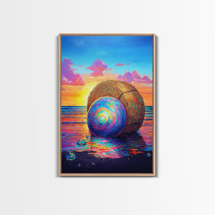 Rainbow Shell And Hay Bale On Beach Canvas Print, Coastal Wall Art, Ocean Sunset Seascape Decor, Beach House Home Decor Gift