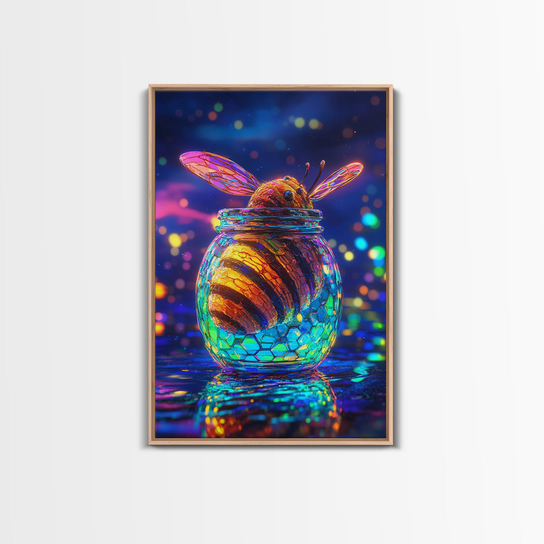 Glowing Honey Bee In Glass Jar Framed Canvas Print, Whimsical Animal Wall Art, Nature Home Decor, Bee Lover Gift For Her