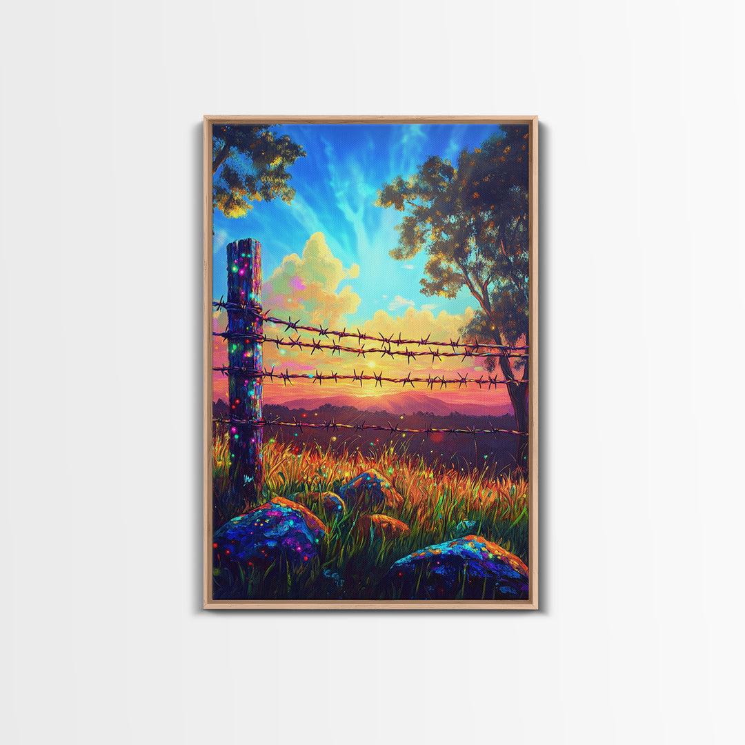Barbed Wire Fence At Sunset Meadow Canvas Print, Rustic Western Wall Art, Farmhouse Decor, Country Landscape Housewarming Gift