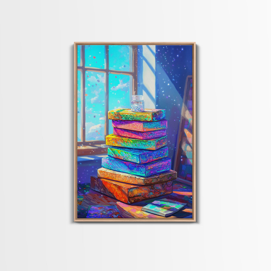Rainbow Stack Of Books By Sunny Window Canvas Print, Cozy Bookstore Wall Art For Library Decor And Reading Nook Home Decor Gift
