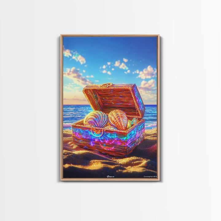 Glittering Seashell Treasure Chest Canvas Print, Coastal Beach House Decor, Ocean Wall Art, Nautical Gift For Her Home Decor