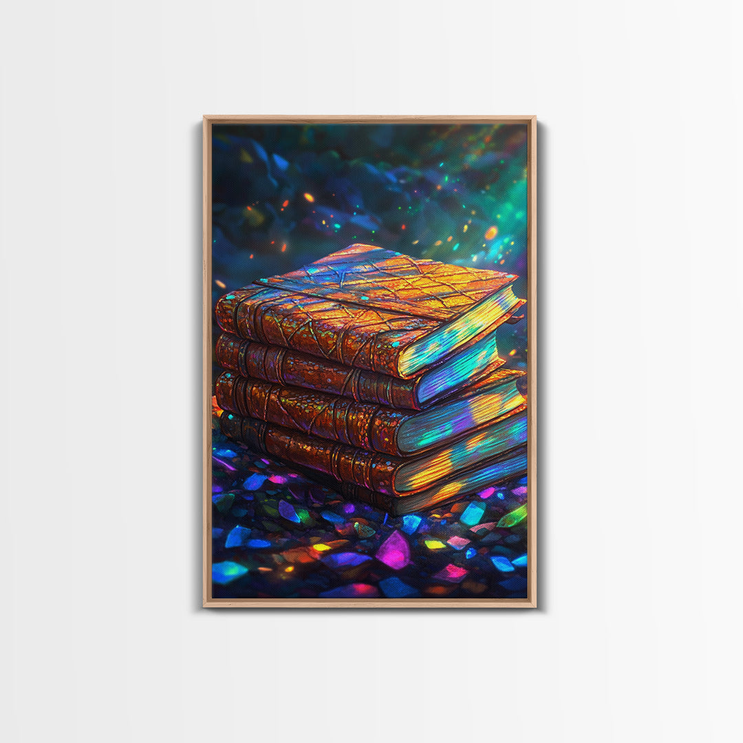 Glowing Antique Books Stack Canvas Print, Bookish Wall Art, Cozy Library Decor, Dark Academia Gift For Book Lover, Home Decor
