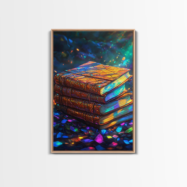 Glowing Antique Books Stack Canvas Print, Bookish Wall Art, Cozy Library Decor, Dark Academia Gift For Book Lover, Home Decor