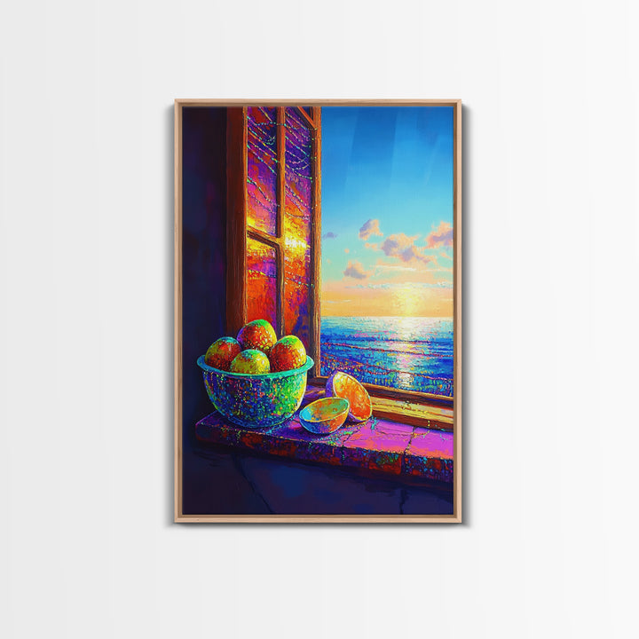 Sunlit Oranges By Ocean Window Canvas Print, Coastal Kitchen Wall Art, Beach House Decor, Vibrant Fruit Still Life Gift For Her