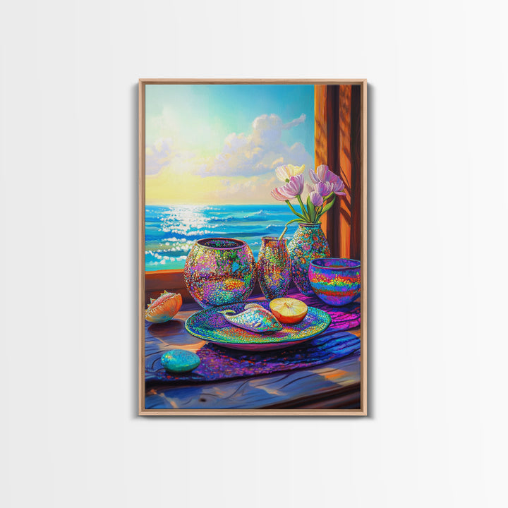 Seaside Shells And Flowers On Sunny Table Canvas Print, Coastal Kitchen Wall Art, Beach House Decor, Ocean Home Decor Gift