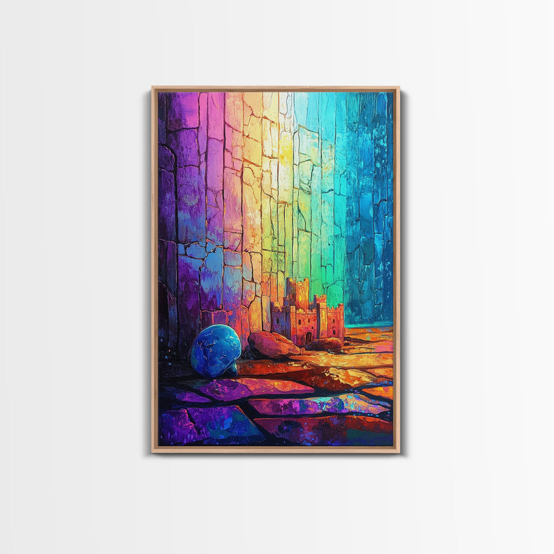 Tiny Castle And Blue Ball In Rainbow Light Framed Canvas Print, Abstract Wall Art, Colorful Decor, Whimsical Fantasy Gift