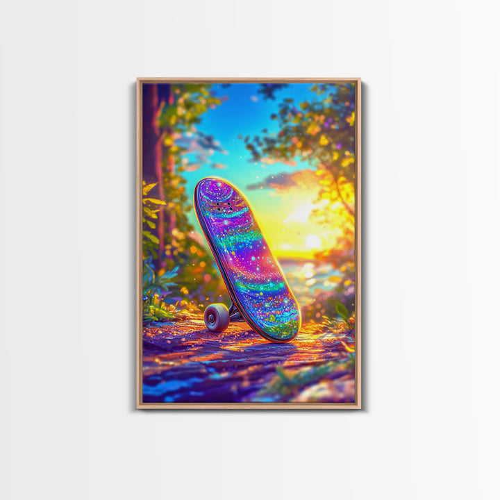 Rainbow Glitter Skateboard At Golden Sunset Wall Art, Canvas Print, Colorful Teen Room Decor, Skateboard Poster, Unique Gift