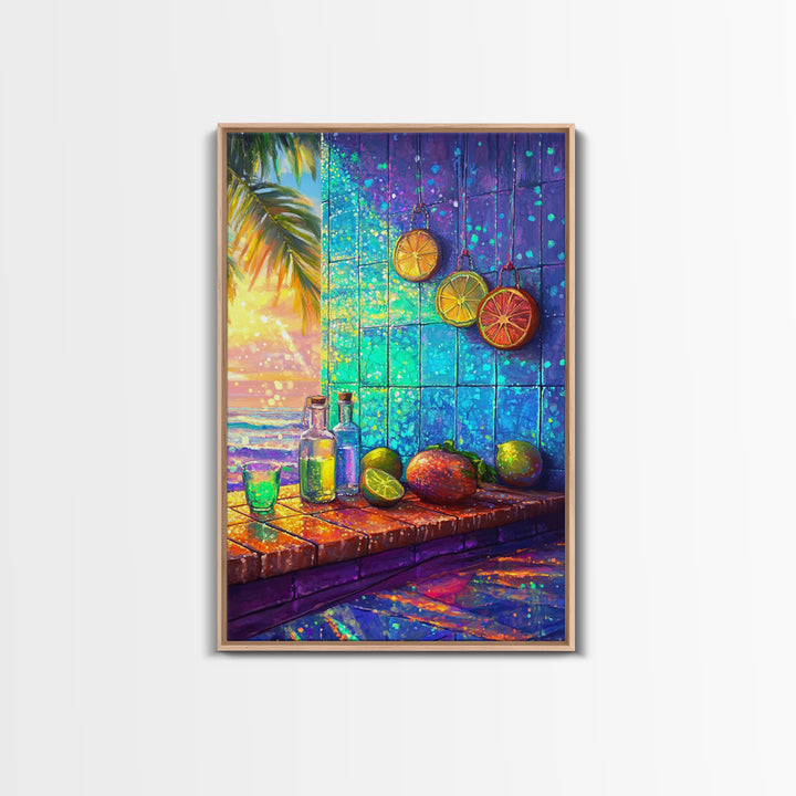 Tropical Citrus Window Still Life Framed Canvas Print, Coastal Kitchen Wall Art, Beach House Decor, Colorful Bar Art Poster
