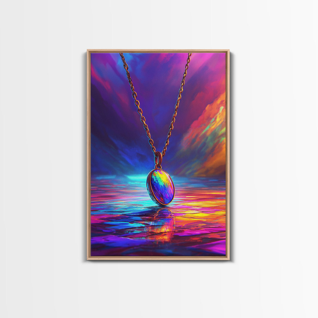 Rainbow Pendant Necklace Over Sunset Sea Framed Canvas Print, Colorful Wall Art, Jewelry Lover Gift, Romantic Ocean Decor