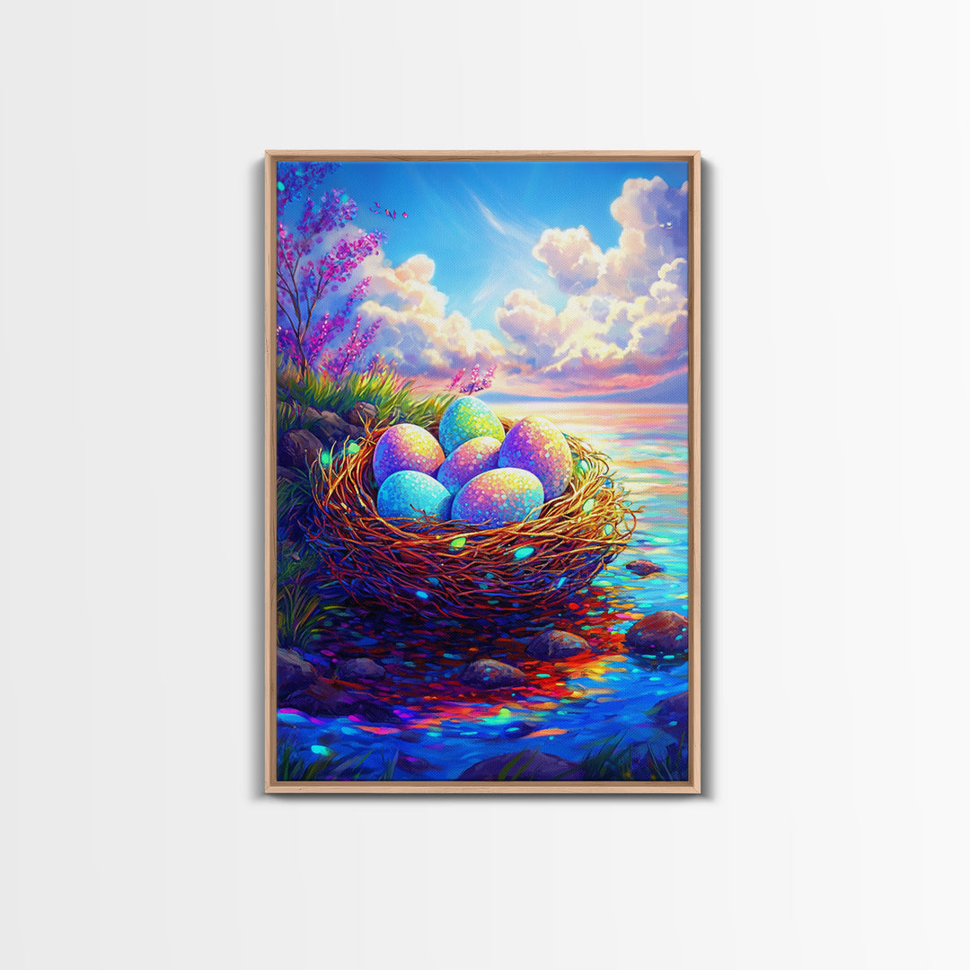 Pastel Eggs In Seaside Nest Wall Art, Colorful Coastal Canvas Print, Easter Nursery Decor, Whimsical Housewarming Gift