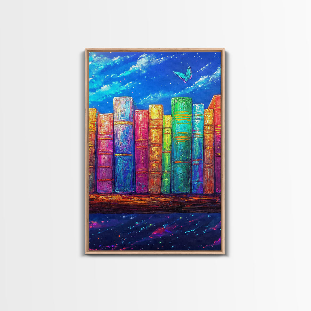 Rainbow Books Under Starry Sky Wall Art, Colorful Library Canvas Print, Book Lover Gift, Reading Nook Home Office Decor Print