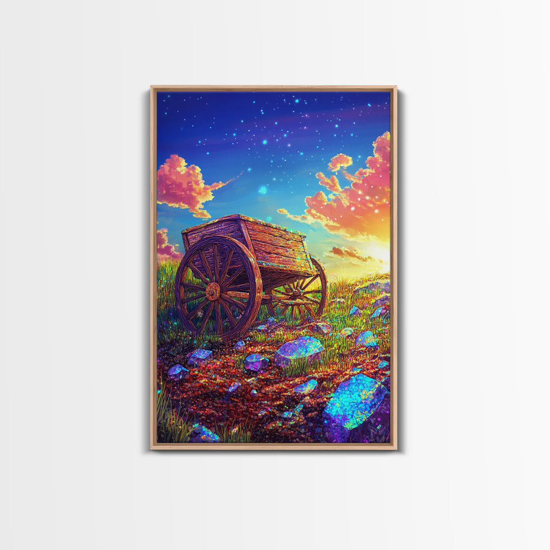 Rustic Wooden Wagon In Starry Meadow Wall Art, Colorful Country Landscape Canvas Print, Western Farmhouse Decor Housewarming Gift