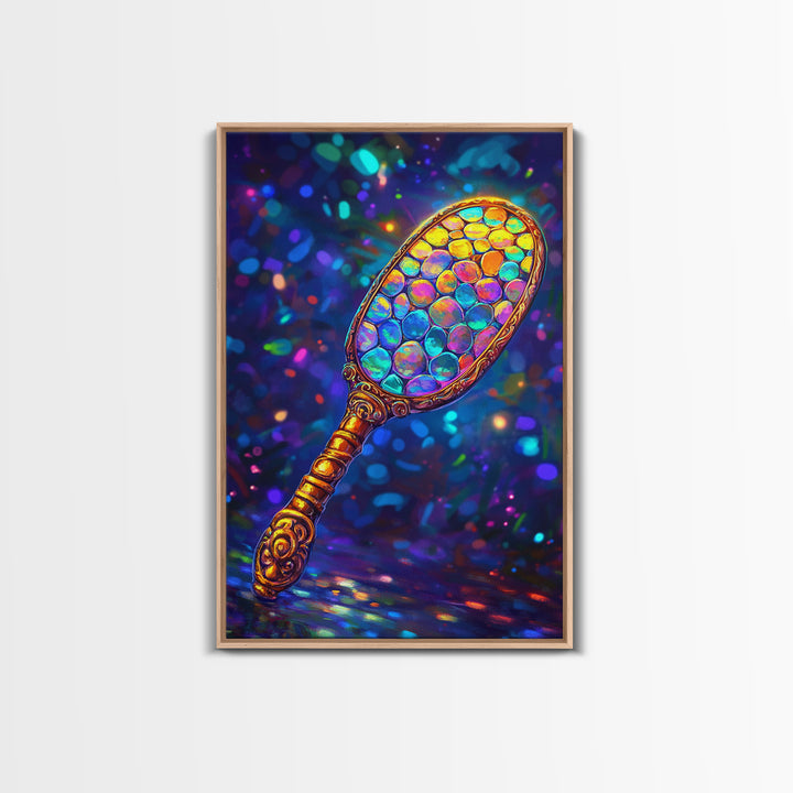 Iridescent Hand Mirror Wall Art, Rainbow Glass Painting, Maximalist Bathroom Decor, Dopamine Decor, Framed Canvas Print, Gift