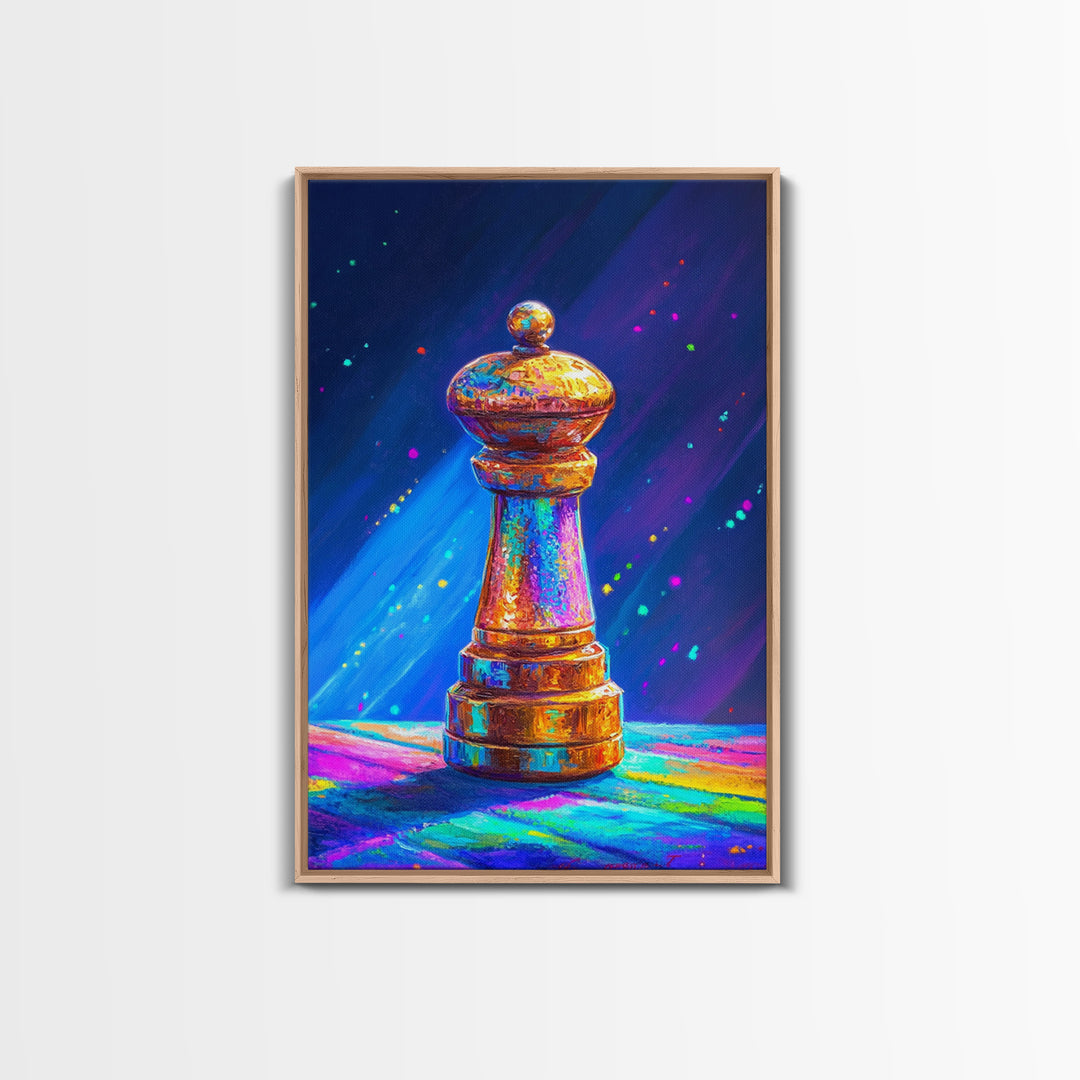 Glowing Rainbow Chess Piece Framed Canvas Print, Game Room Art, Masculine Office Decor, Modern Wall Art, Home Office Decor, Gift For Him