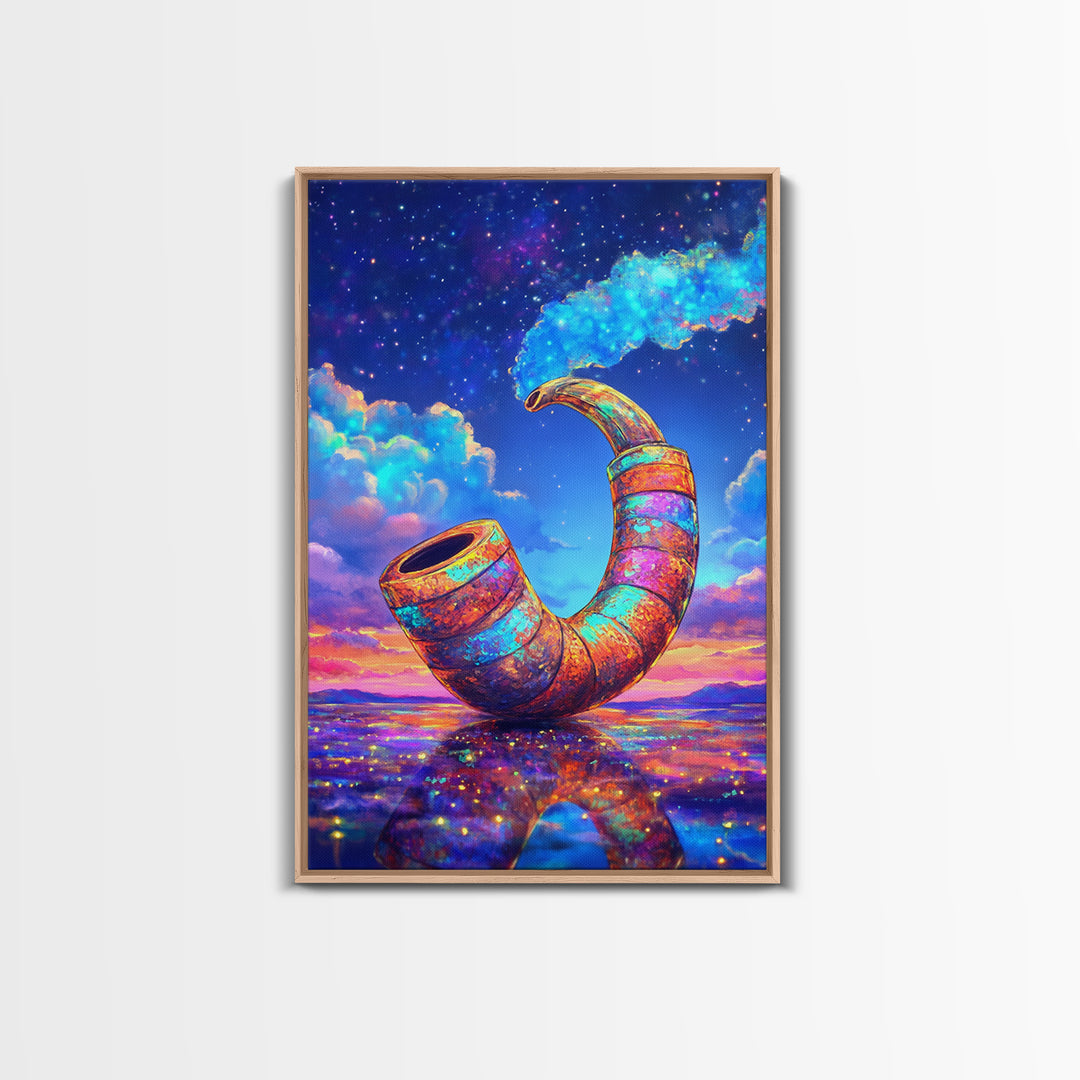 Cosmic Rainbow Smoking Pipe Framed Canvas Print, Surreal Wall Art, Psychedelic Space Decor, Colorful Statement Wall Art