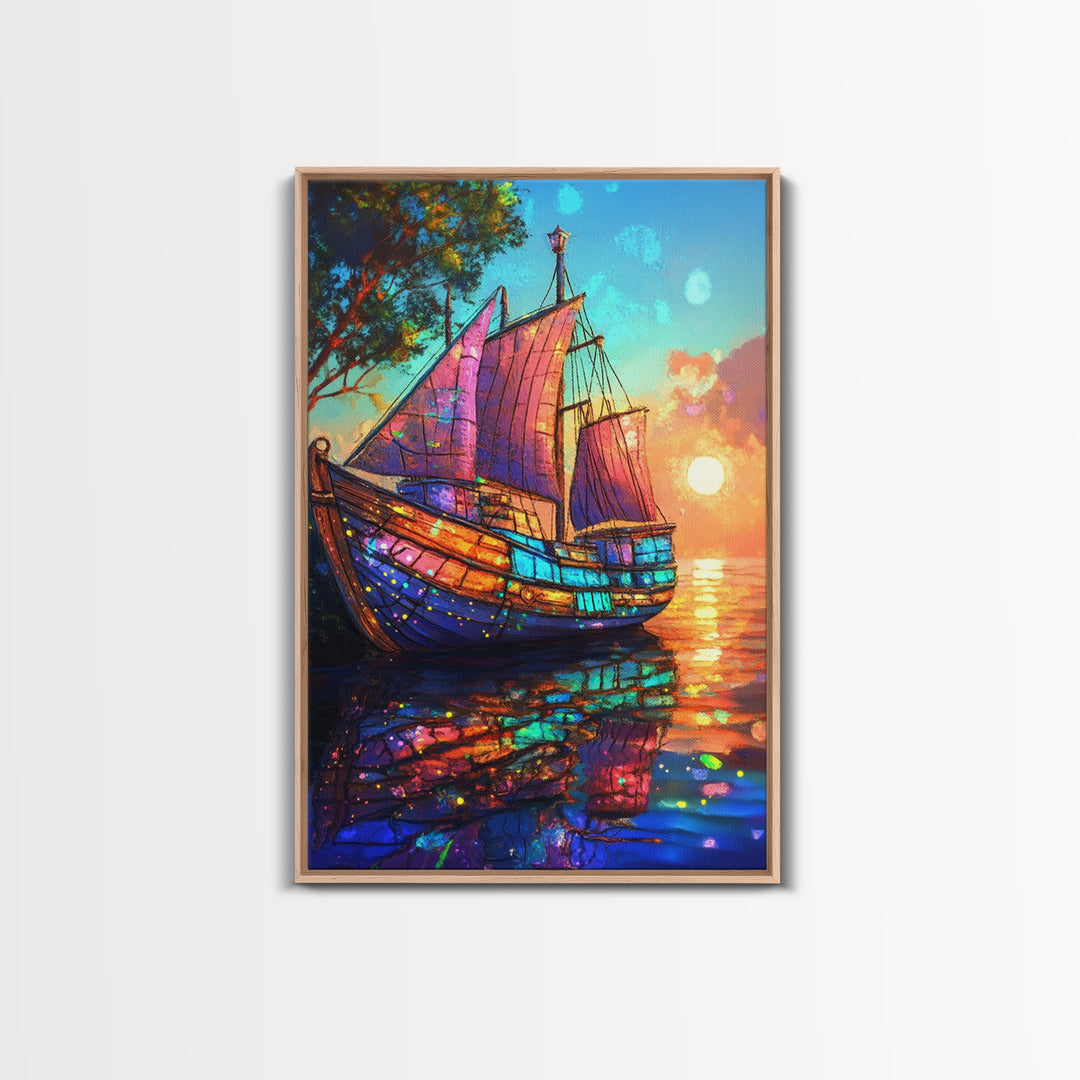 Stained Glass Sailboat At Sunset Canvas Print, Coastal Wall Art, Nautical Decor, Ocean Seascape Living Room Wall Art, Beach House Decor