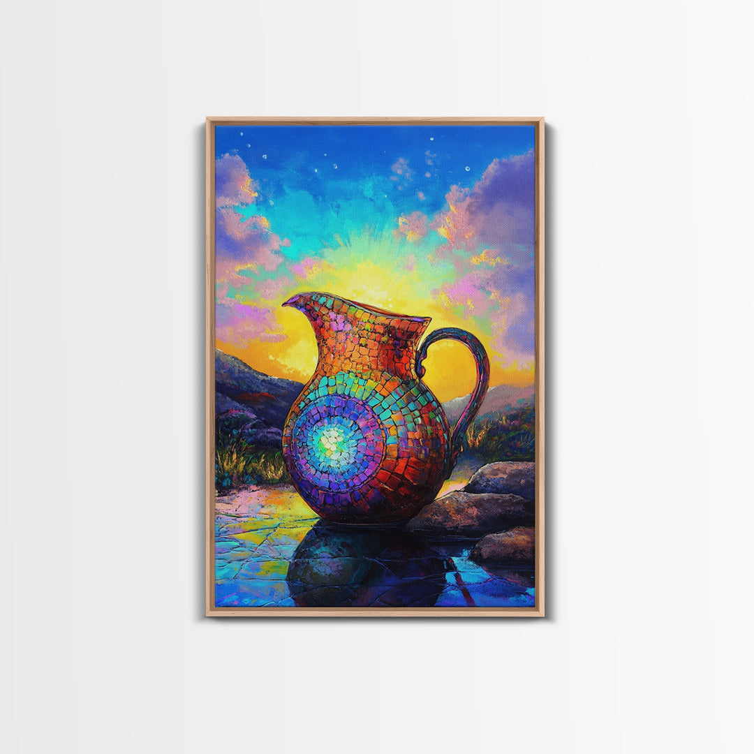 Mosaic Rainbow Pitcher At Sunrise Framed Canvas Print, Colorful Wall Art, Southwestern Decor, Mountain Landscape Painting