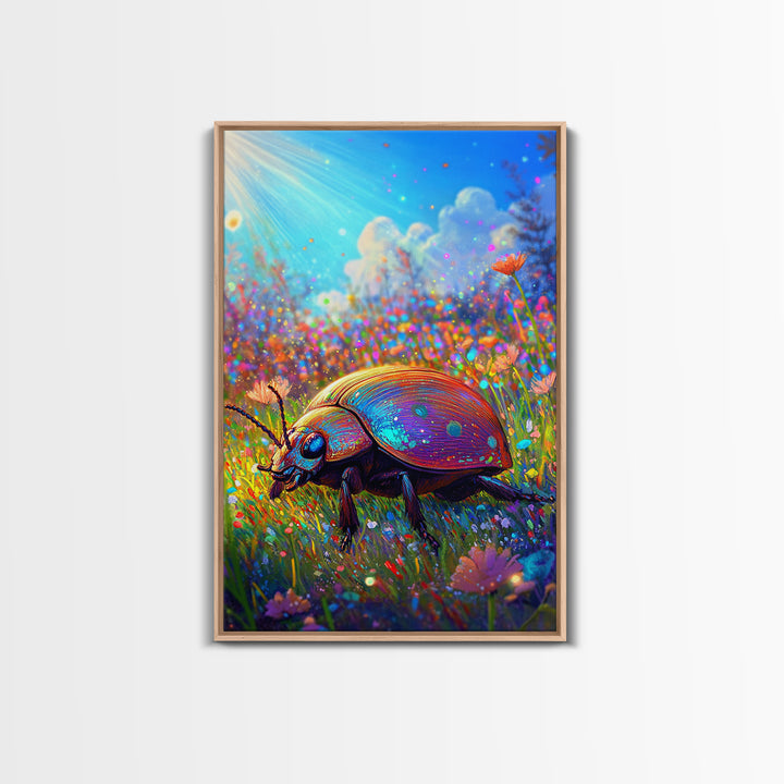 Rainbow Ladybug In Sunlit Wildflower Meadow Canvas Print, Whimsical Animal Art, Nature Wall Art, Bright Colorful Nursery Decor