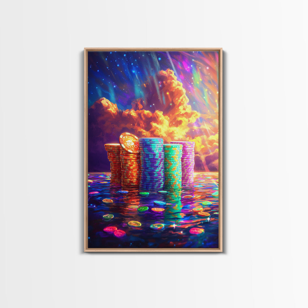 Glowing Crypto Coin Stacks Under Cosmic Sky Canvas Print, Bitcoin Art, Neon Wall Art, Gamer Room Decor, Gift For Him, Modern Art