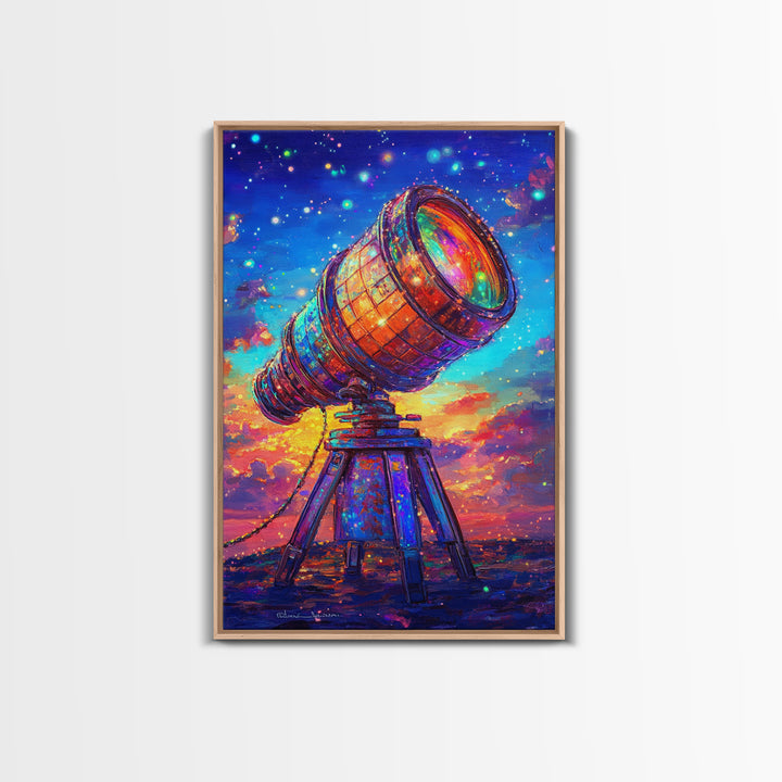 Rainbow Telescope Under Starry Sunset Sky Canvas Print, Astronomy Wall Art, Space Decor, Celestial Art, Gift For Him, Sci Fi Art