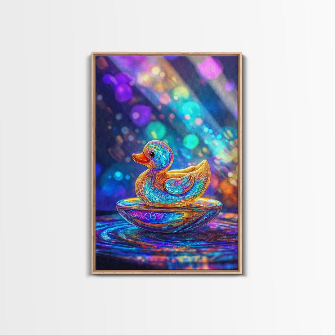 Glowing Rainbow Rubber Duck Canvas Print, Whimsical Animal Wall Art, Cute Bathroom Decor For Kids Room And Nursery Gift